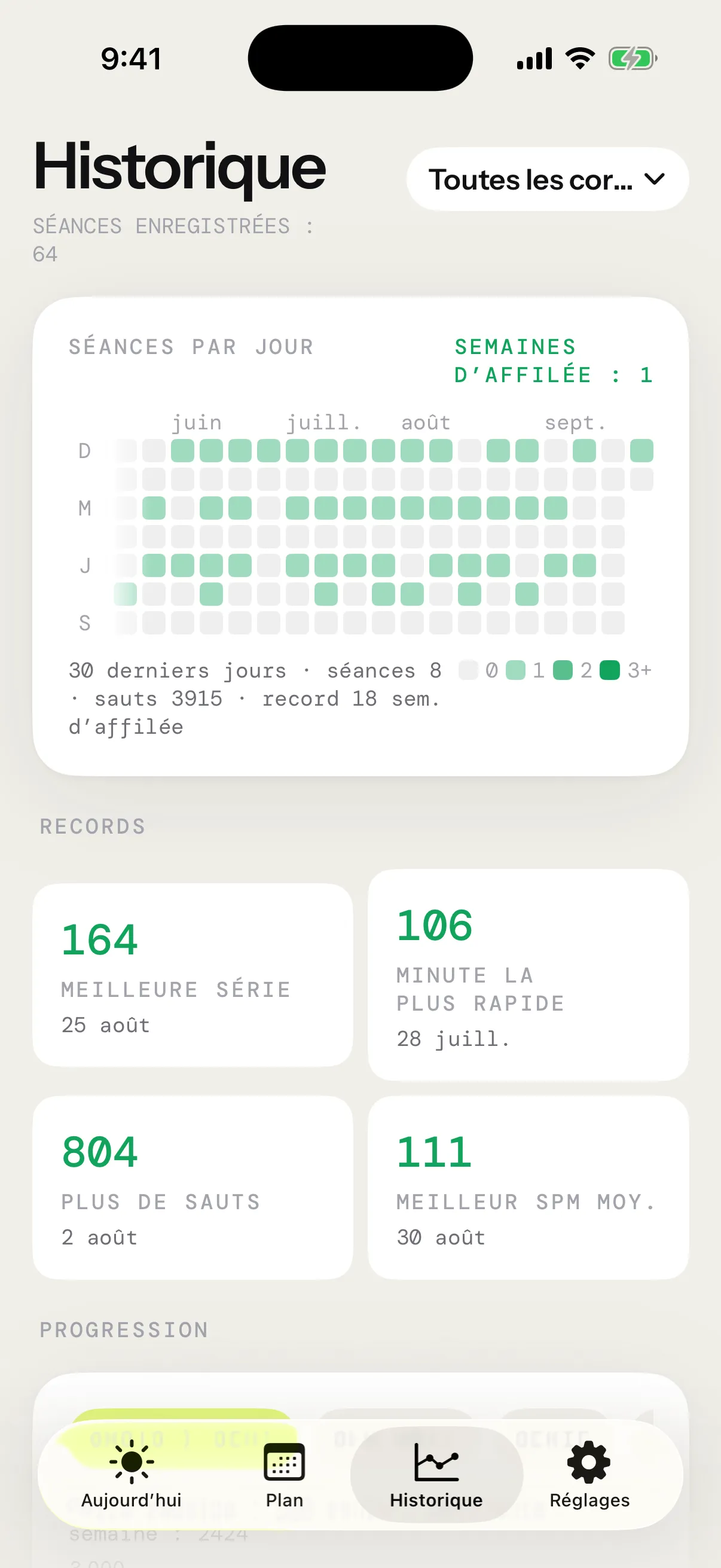 L’historique sur iPhone : séances par jour, records et progression