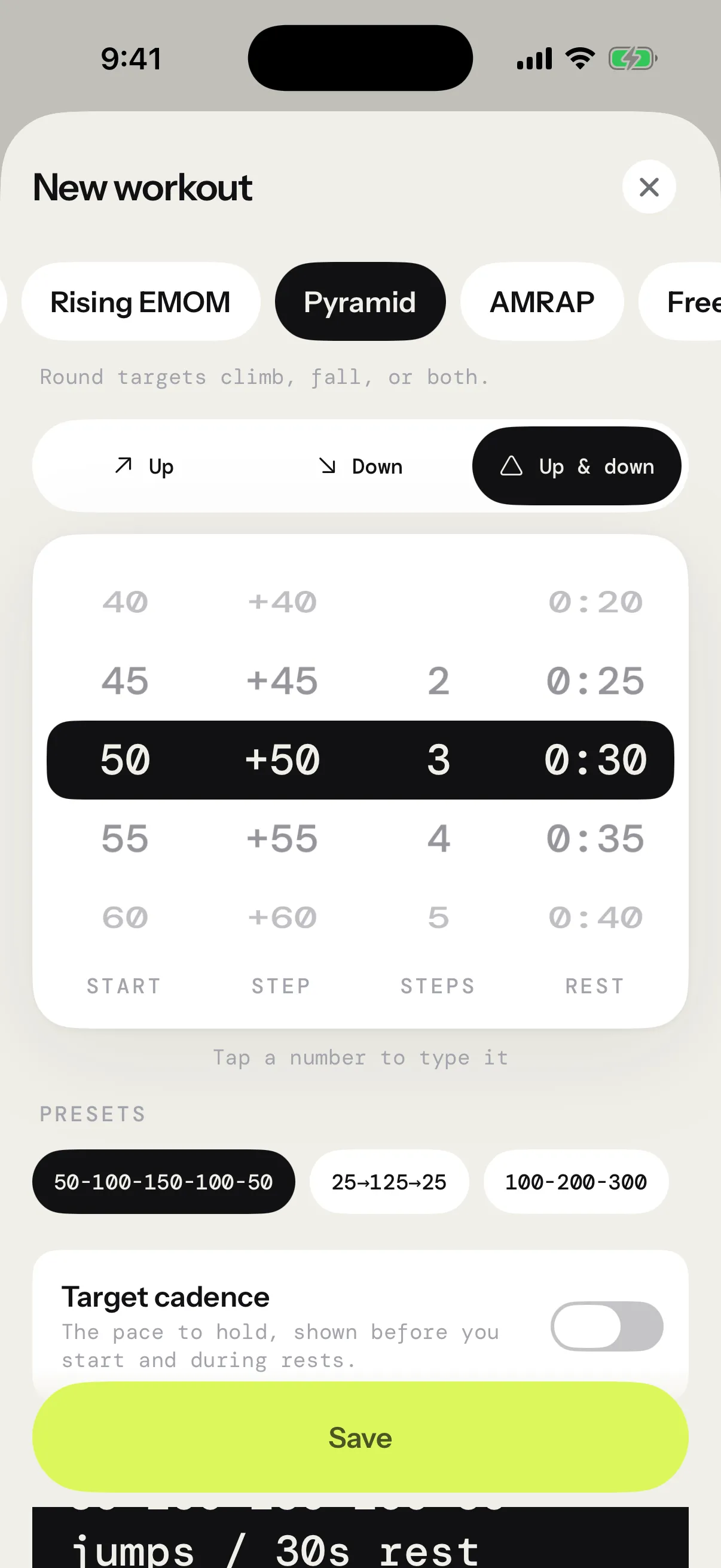 The workout creator on iPhone, with its number wheels